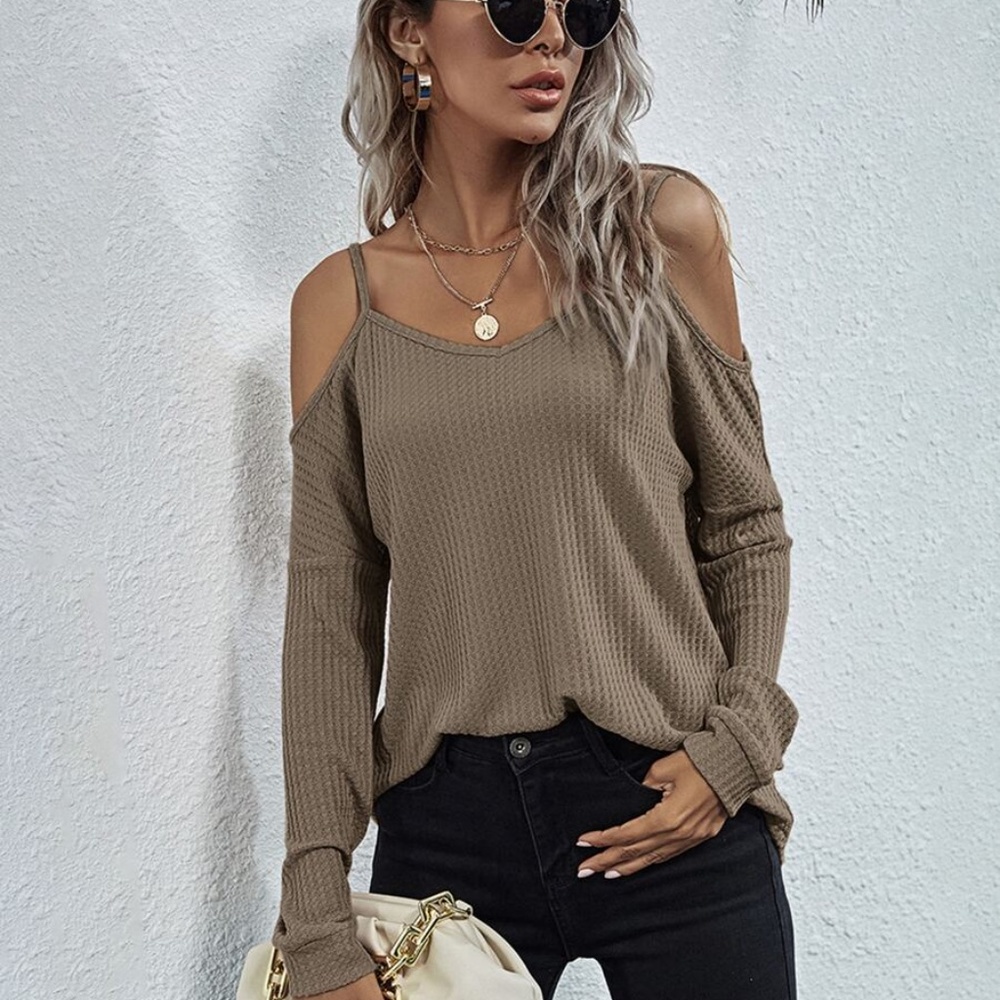 off shoulder waffle long sleeve knit top MOCHA - Picture 4 of 11